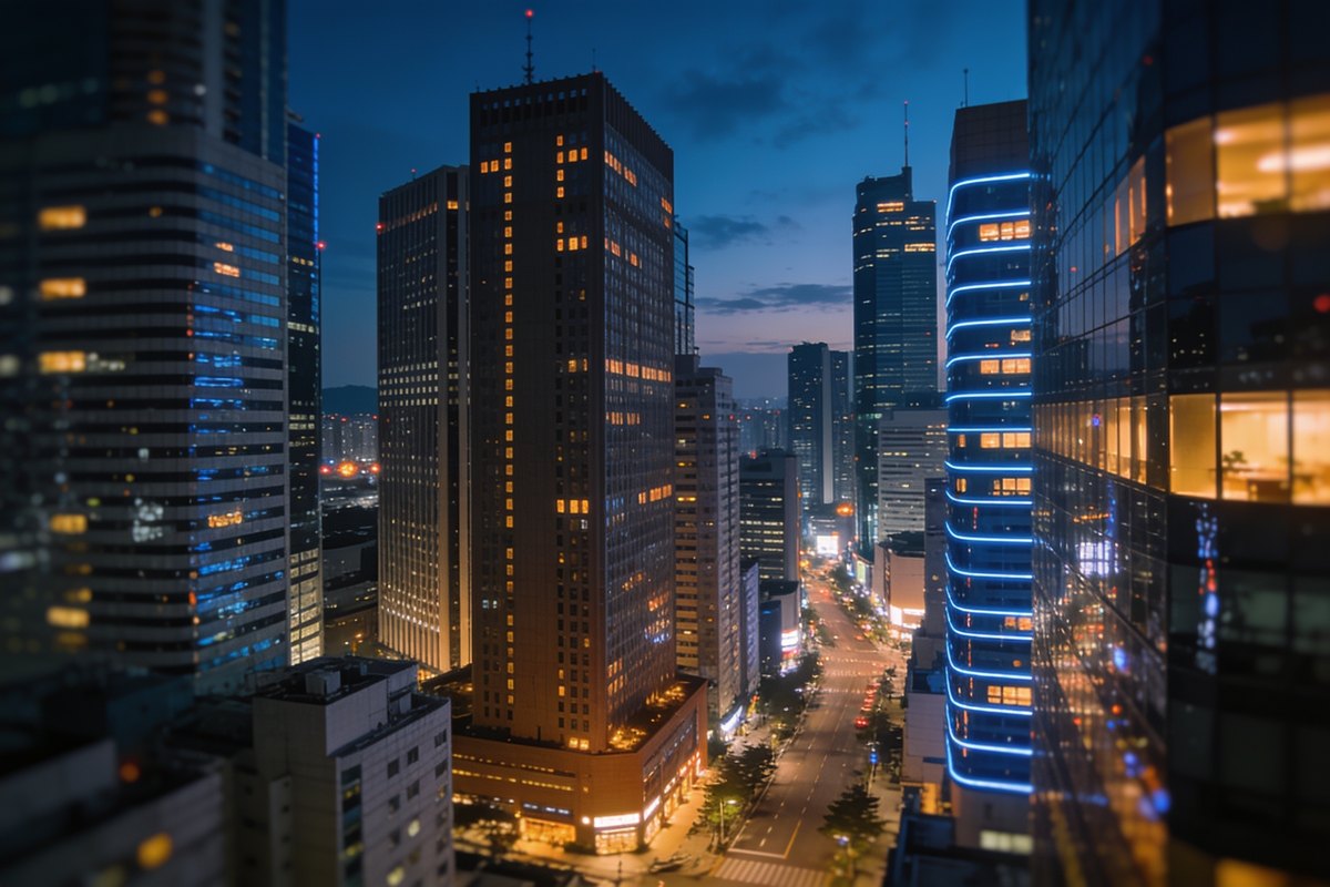 저녁 무렵 불이 켜지기 시작한 강남 거리의 건물들