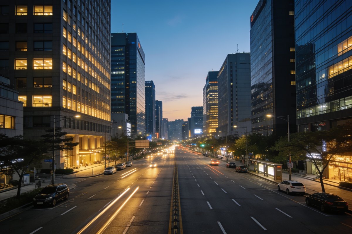해 질 무렵 불이 켜지기 시작한 강남 대로